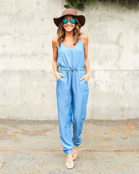 green floppy hat chambray jumpsuit