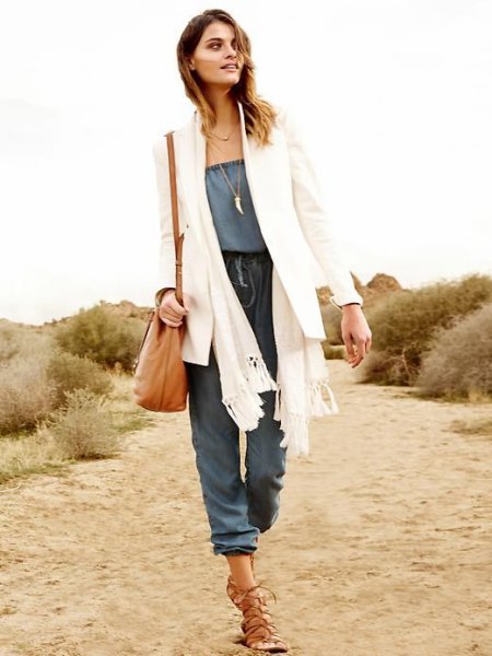 white blazer knitted scarf chambray jumpsuit
