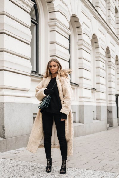 white long teddy jacket all black outfit