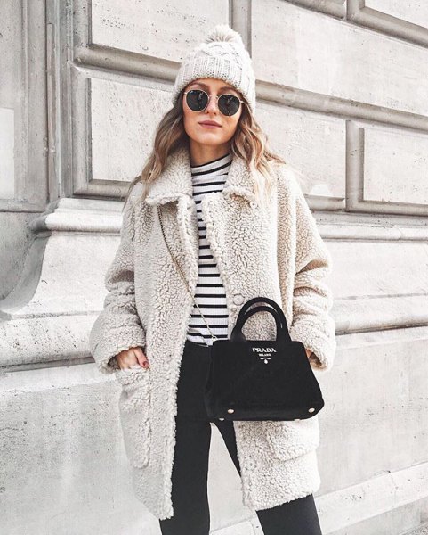 gray teddy coat with black and white striped t-shirt