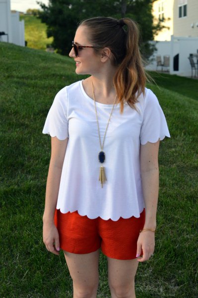 white scalloped t-shirt with red mini shorts