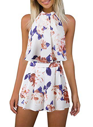 white and blue floral chiffon top and matching high waist shorts