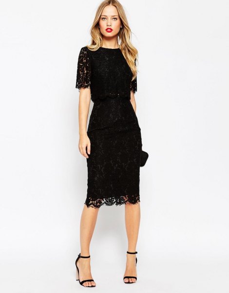 Lace midi dress with scalloped hem and open toe strap
