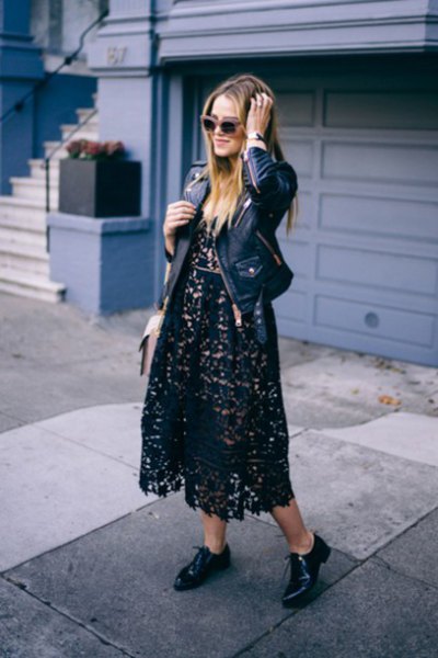 Lace midi dress with black leather jacket and oxford shoes