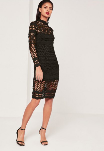 black long sleeve crochet lace midi dress with mock neck