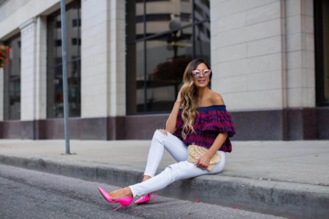 Dark blue and off the shoulder blouse with white jeans and pink heels