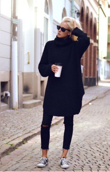 black chunky sweater dress with ripped skinny jeans