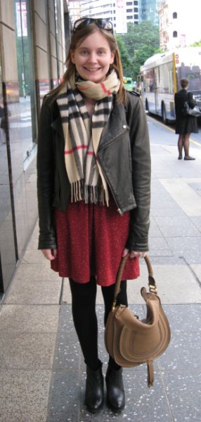 Crepe scarf gray leather jacket brown shift dress