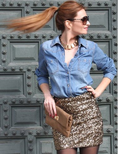 Chambray Shirt with Mini Sequined Gold Bodycon Skirt