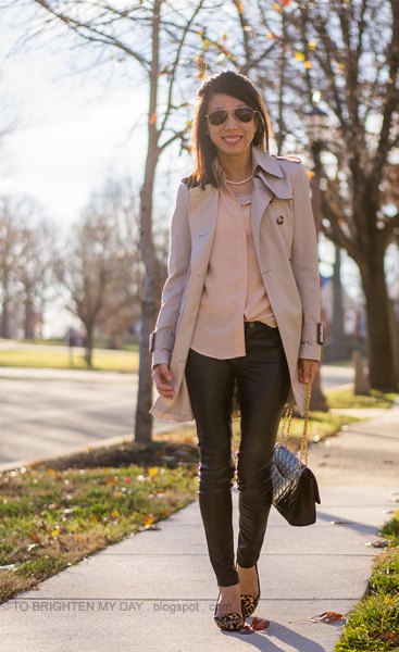 Rouge shirt with pink trench coat and leather leggings