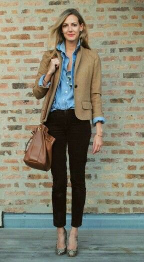 brown blazer with blue chambray button down shirt and black cropped jeans