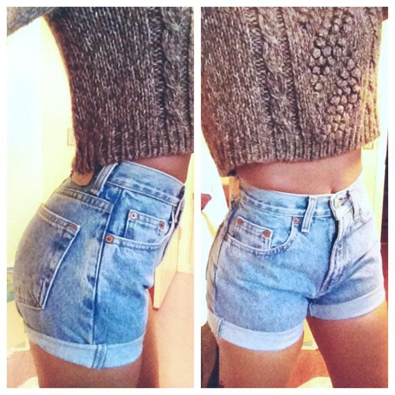 Heather cropped knit sweater with high waist light blue denim shorts