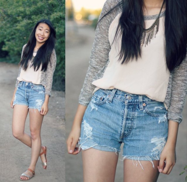 Light pink chiffon top with heather gray cardigan and blue jean mini shorts
