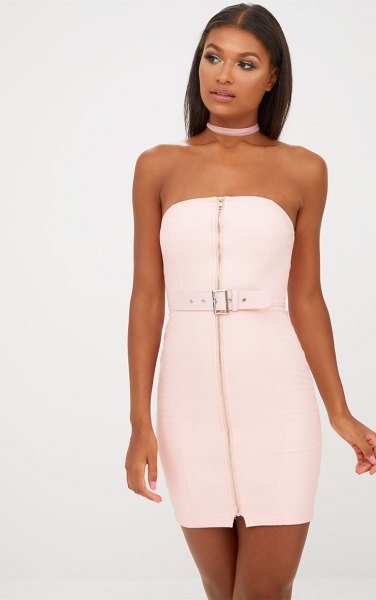 white dress with zipper and light pink choker