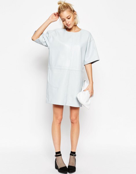white leather t-shirt dress with wide sleeves