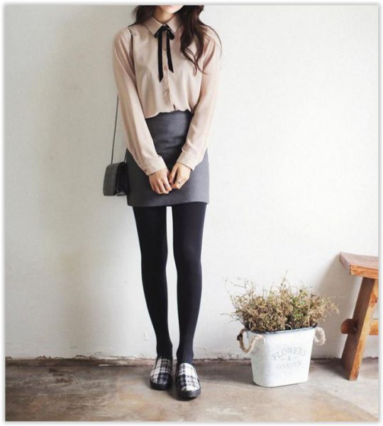blush pink tie-neck blouse gray wool mini skirt