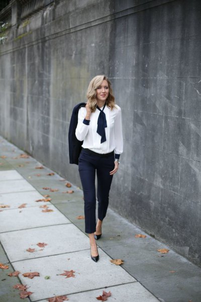 Navy suit with white blouse