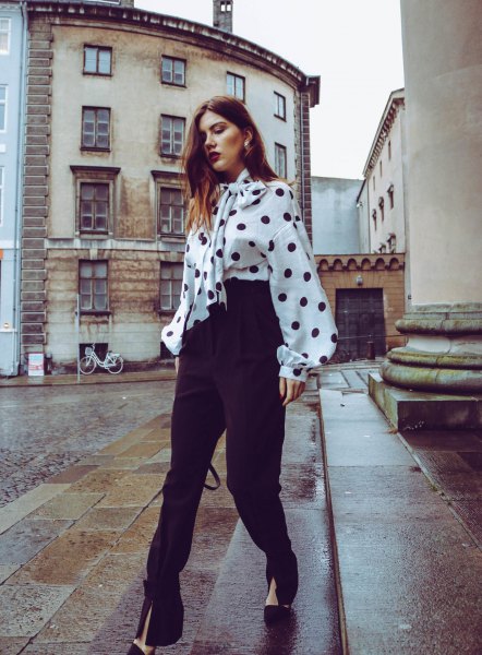 white and black polka dot tie blouse ankle zip pants