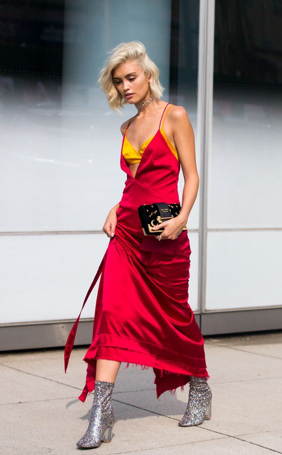 Red satin spaghetti strap dress