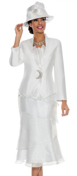 white suit jacket with tulle midi dress and felt hat