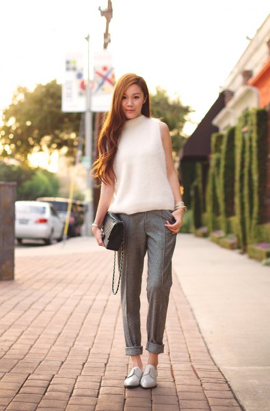 white sleeveless knitted turtleneck tweed pants