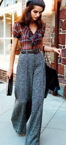 Red and black checked shirt, gray wide-leg tweed pants