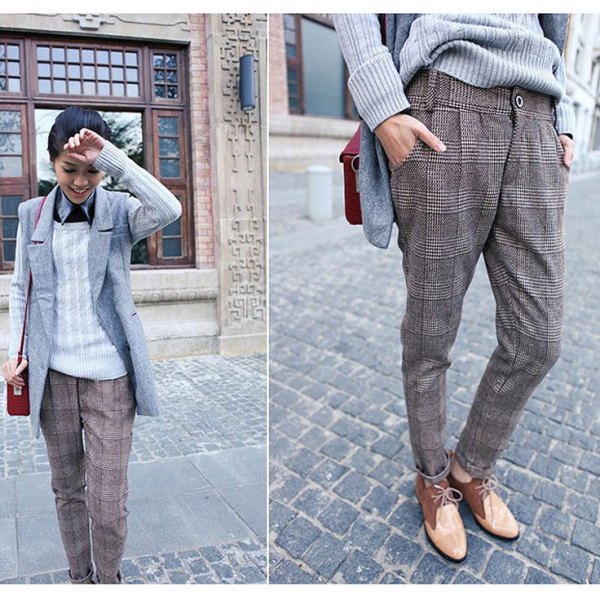 gray plaid tweed pants sleeveless blazer