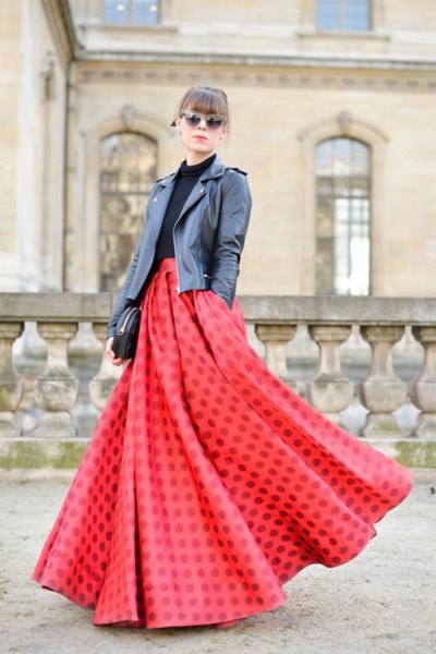 red airy maxi skirt black leather jacket