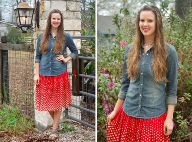 Chambray shirt red pleated skirt with polka dots