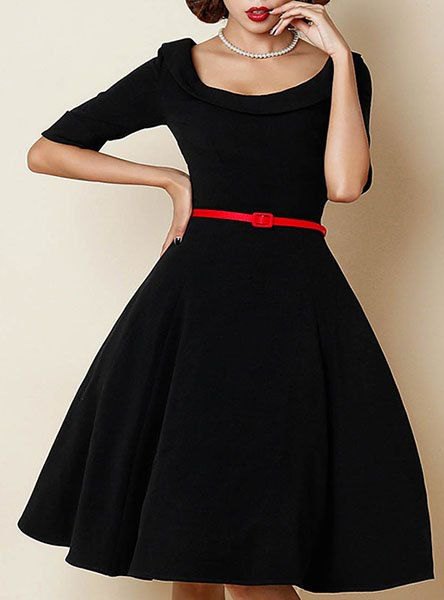 black half sleeve fit and knee length dress with flared belt