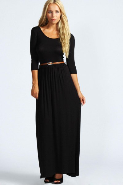 black maxi dress with three-quarter sleeves and a scoop neckline