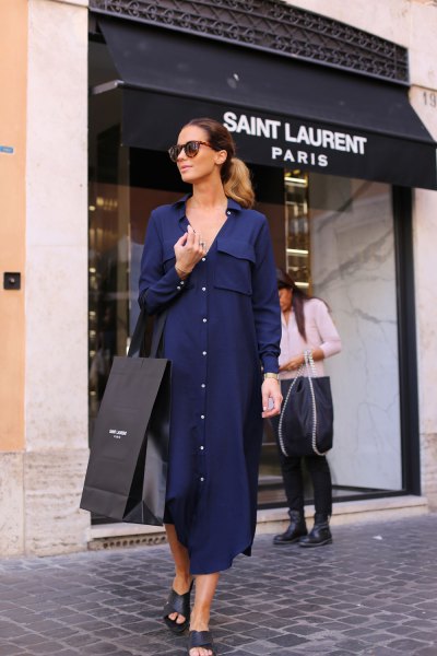 Dark blue maxi dress with buttons and open leather sandals