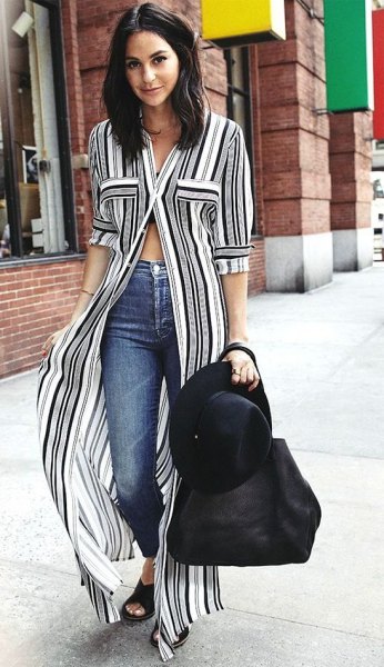black and white vertical striped maxi shift dress with skinny jeans