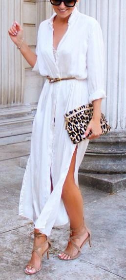 white double faced shirt dress with long sleeves and slit