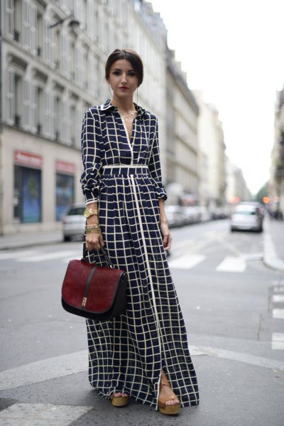 black and white plaid maxi dress with ruched waist