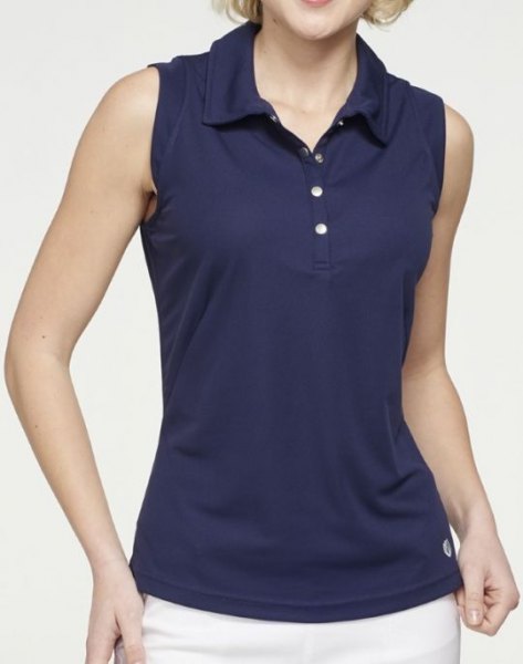 Dark blue slim fit sleeveless polo shirt and white trousers