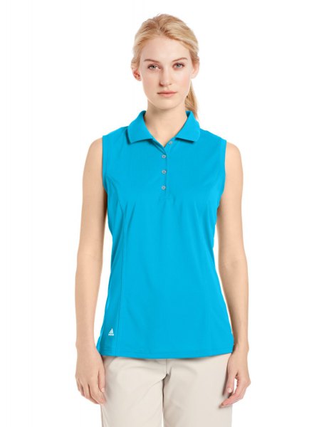 sky blue sleeveless golf shirt with light pink chinos