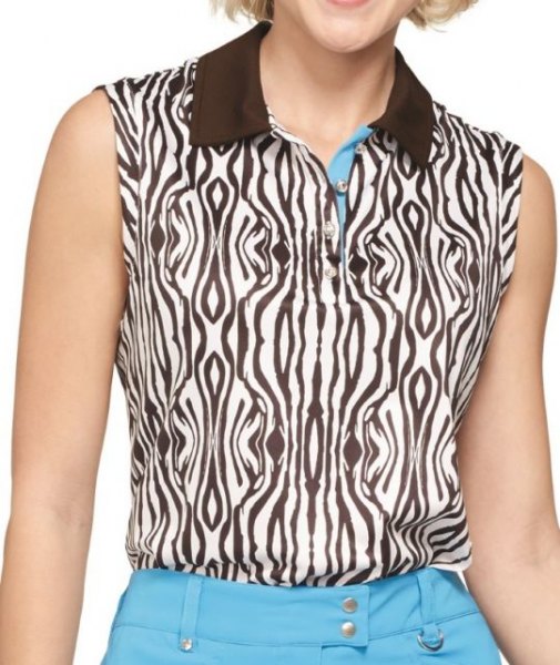 Sleeveless zebra print polo shirt tucked in black and white and sky blue jeans