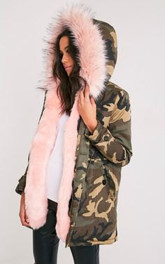 Hooded lined parka jacket with white blouse