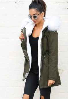 gray parka coat with all black outfit