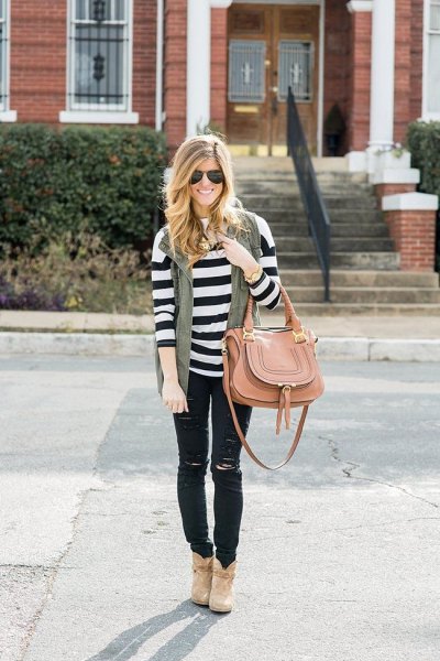 black and white striped long sleeve sweater with ripped jeans