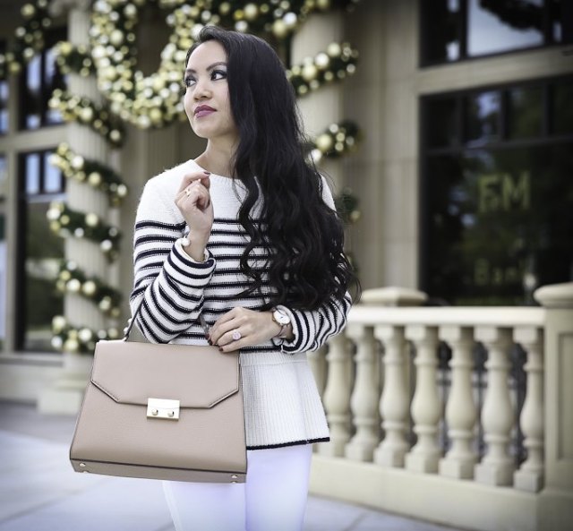 white and black striped peplum sweater with pink leather handbag