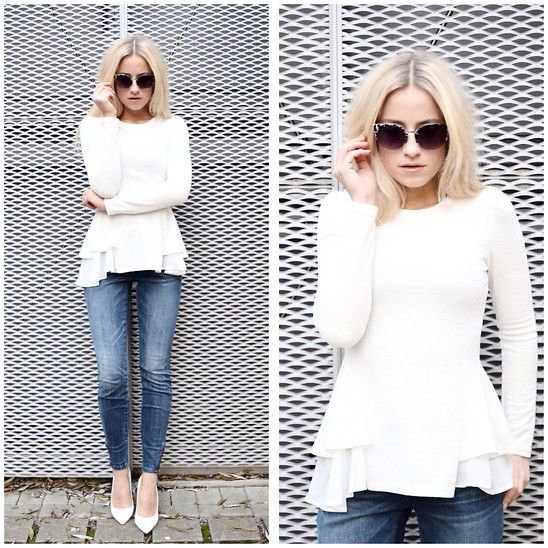 white peplum sweater with ruffle blouse and jeans