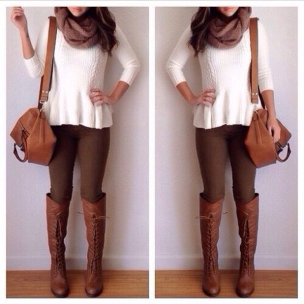 white ribbed sweater with brown skinny jeans and knee high boots