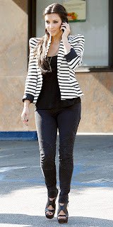 Striped blazer with puff shoulders, scoop neck tank top and sandals