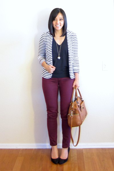 black and white striped blazer with V-neck blouse and ballet flats