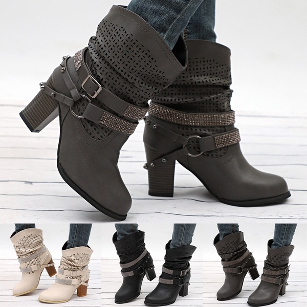 Women Autumn Winter Hollow Out Ankle Boots Ladies Heel Half Boots.