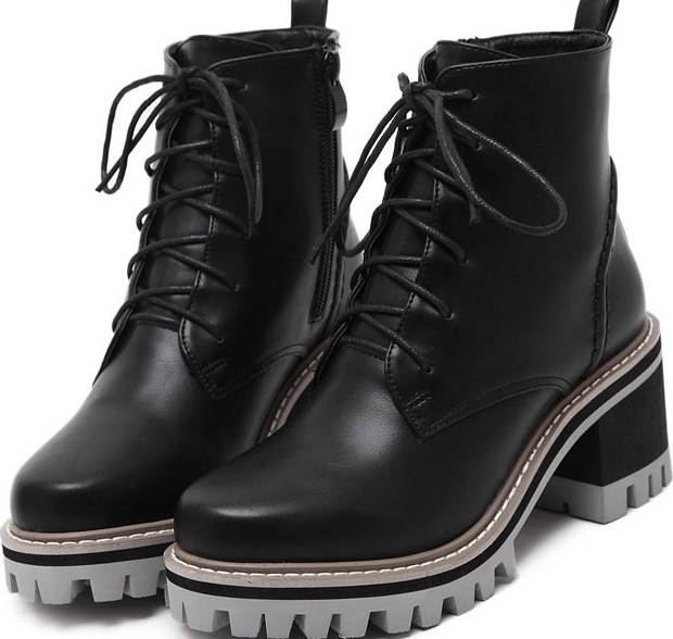 Black Leather Lace Up High Top Chunky Sole Punk Rock Military.
