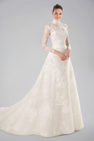 Stunning wedding dress with high collar, lace overlay and long.