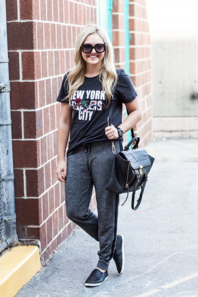 black printed t-shirt with charcoal jogger sweatpants